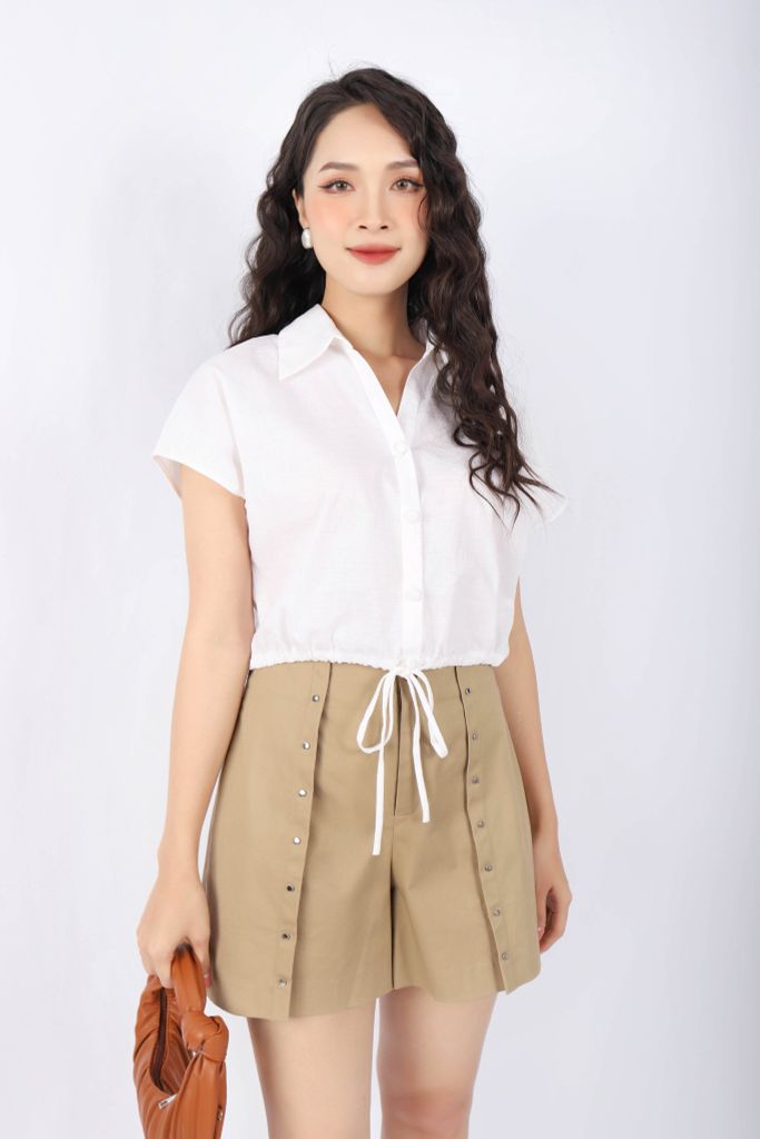 BAS32812 - Áo sơ mi dạo phố vải linen dáng croptop cạp rút dây buộc eo tay liền vai chờm - PANTIO