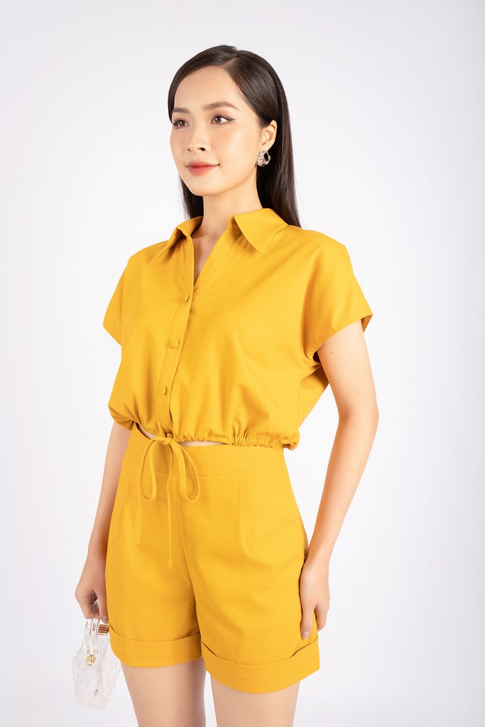 BAS32812 - Áo sơ mi dạo phố vải linen dáng croptop cạp rút dây buộc eo tay liền vai chờm - PANTIO