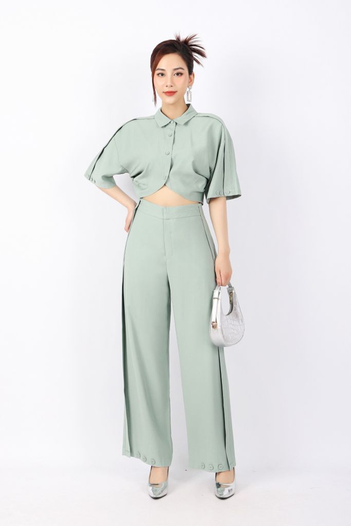 BAS32815 - Áo kiểu công sở vải thô dáng croptop cổ đức cài cúc tay liền eo xếp nhún tạo kiểu - PANTIO