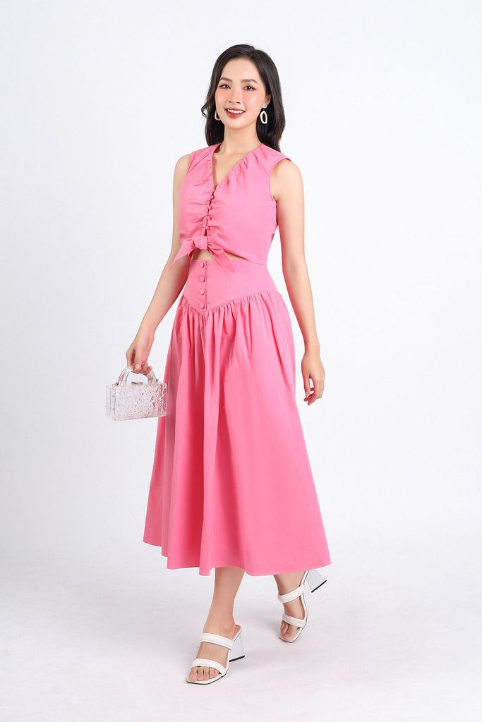 BAS33068 - Áo kiểu dạo phố vải kaki dáng croptop cổ chữ V nhún buộc eo tạo kiểu cài khuy thân trước - PANTIO