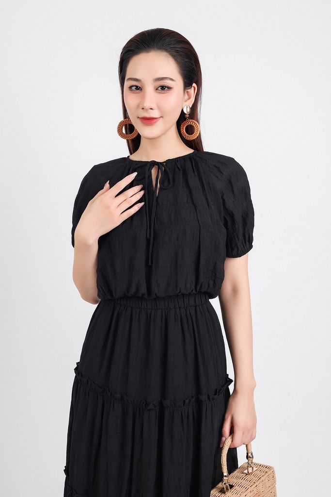 BAS33069 - Áo kiểu dạo phố vải thô mỏng dáng lửng hai lớp lót habutai cổ tròn phối dây nơ tay lửng gấu áo bo chun - PANTIO