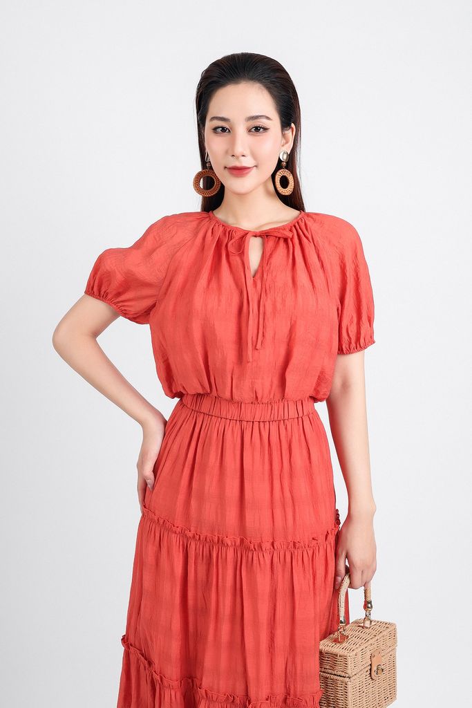 BAS33069 - Áo kiểu dạo phố vải thô mỏng dáng lửng hai lớp lót habutai cổ tròn phối dây nơ tay lửng gấu áo bo chun - PANTIO