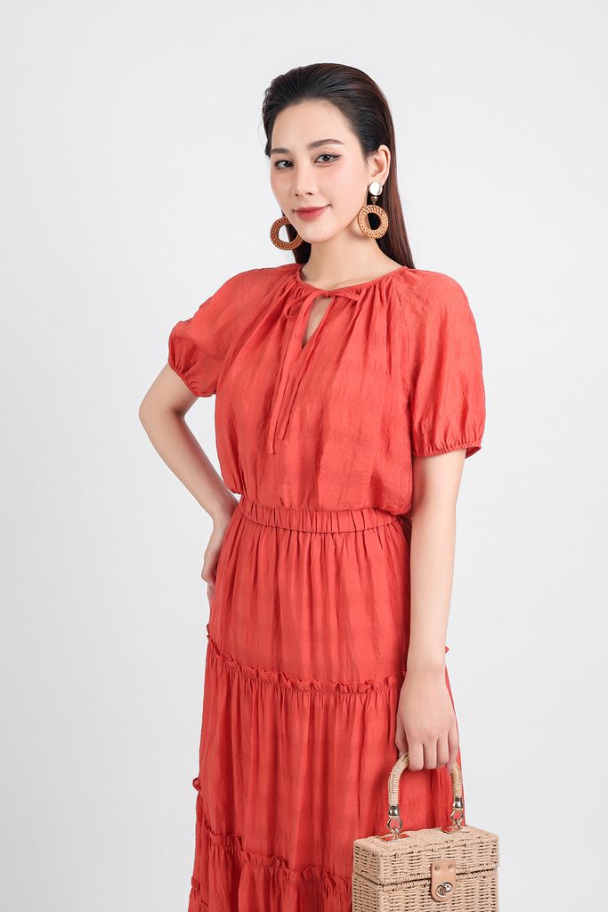 BAS33069 - Áo kiểu dạo phố vải thô mỏng dáng lửng hai lớp lót habutai cổ tròn phối dây nơ tay lửng gấu áo bo chun - PANTIO