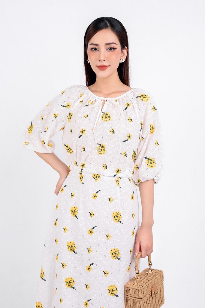 BAS53235 - Áo sơ mi dạo phố vải thô dáng suông cổ tròn phối dây thắt nơ tạo kiểu tay áo lửng gấu áo bo chun - PANTIO