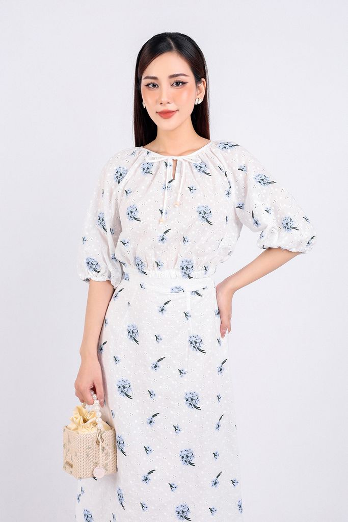 BAS53235 - Áo sơ mi dạo phố vải thô dáng suông cổ tròn phối dây thắt nơ tạo kiểu tay áo lửng gấu áo bo chun - PANTIO