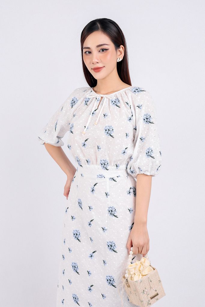BAS53235 - Áo sơ mi dạo phố vải thô dáng suông cổ tròn phối dây thắt nơ tạo kiểu tay áo lửng gấu áo bo chun - PANTIO