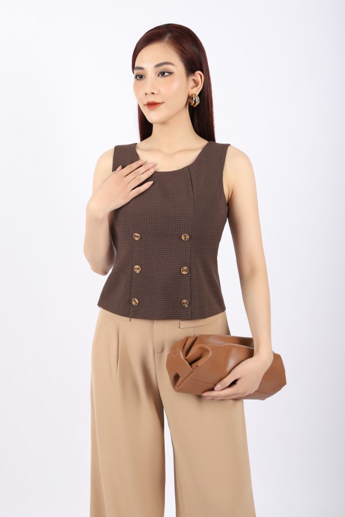 BAS92933 - Áo kiểu công sở vải thô dáng peplum cổ tròn phối cúc trang trí khóa thân sau - PANTIO