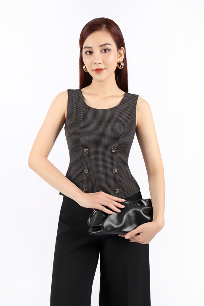 BAS92933 - Áo kiểu công sở vải thô dáng peplum cổ tròn phối cúc trang trí khóa thân sau - PANTIO