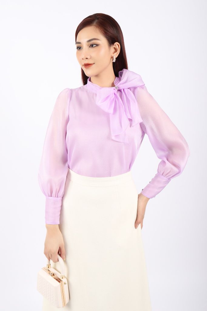 BAS92946 - Áo kiểu công sở vải tơ dáng suông cổ kiểu phối nơ trang trí thân có lót vải chiffon - PANTIO