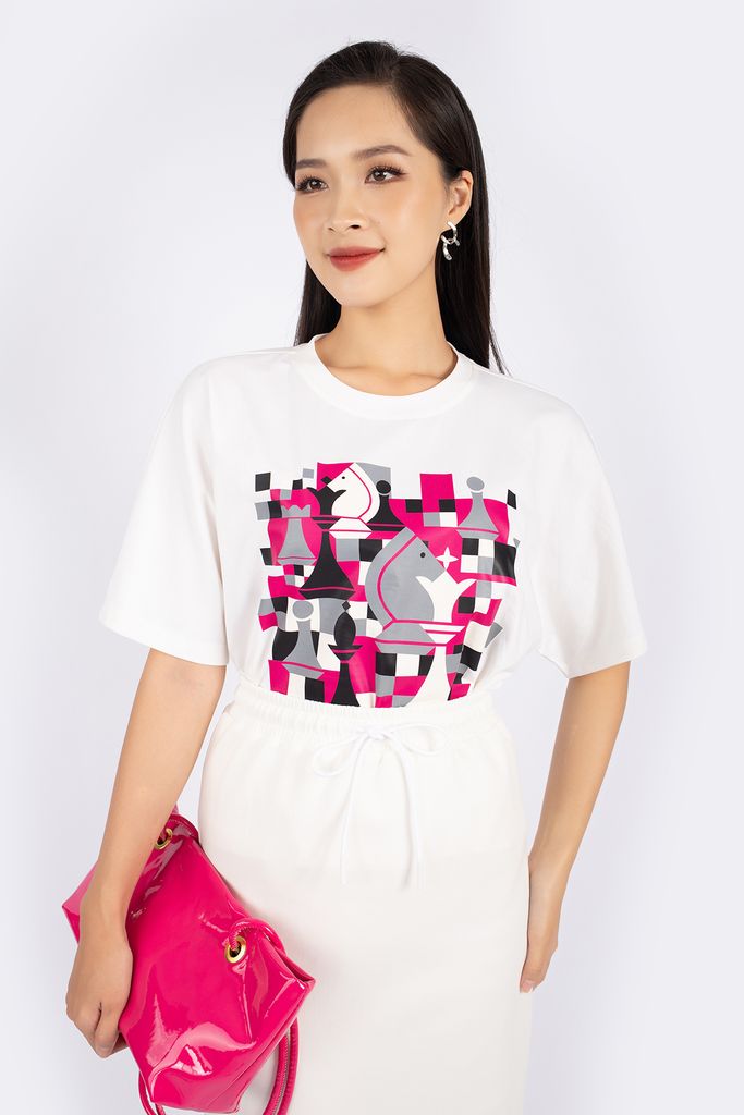 BAT92723 - Áo thun dạo phố vải cotton dáng suông thân ngực in họa tiết trang trí - PANTIO