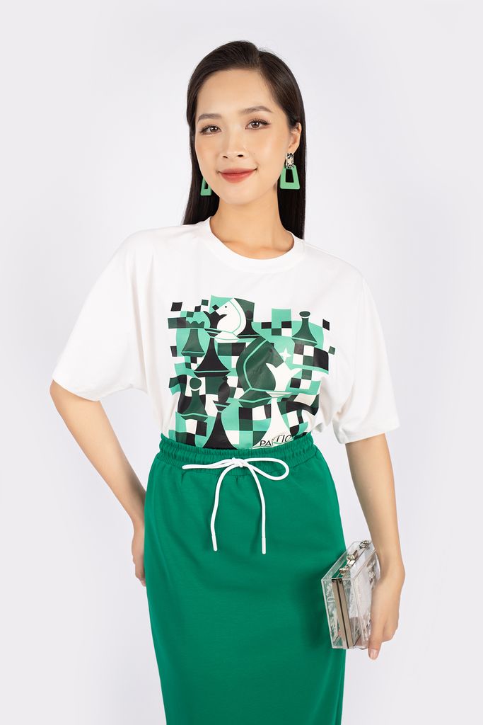 BAT92723 - Áo thun dạo phố vải cotton dáng suông thân ngực in họa tiết trang trí - PANTIO