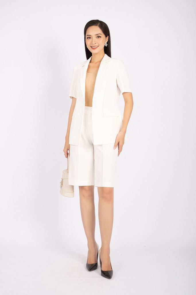 BAV72672 - Áo vest nữ công sở vải thô dáng suông cổ 2 ve tay cộc thân phối mí và túi trang trí - PANTIO