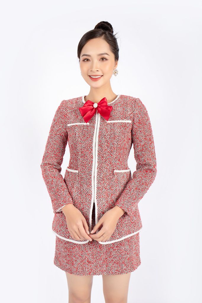 BAV92756 - Áo vest nữ công sở vải dạ dáng ôm cổ tròn thân viền dây ren tạo kiểu cài khóa kim loại - PANTIO