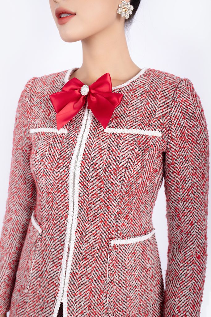 BAV92756 - Áo vest nữ công sở vải dạ dáng ôm cổ tròn thân viền dây ren tạo kiểu cài khóa kim loại - PANTIO