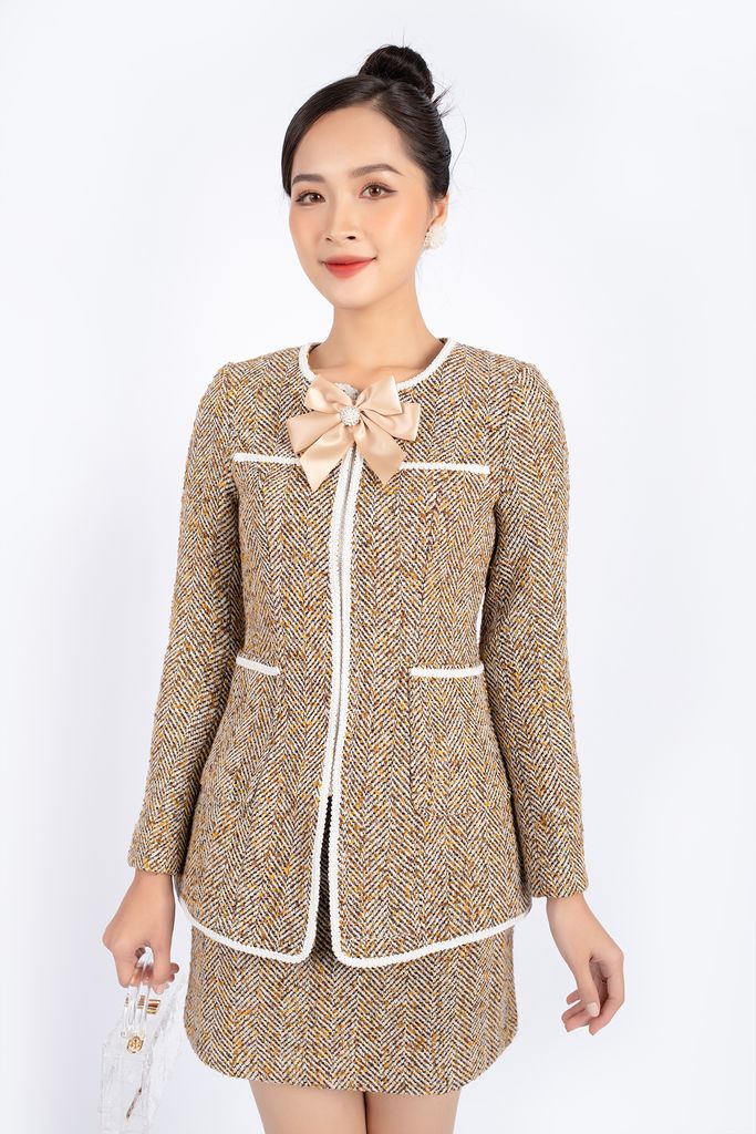 BAV92756 - Áo vest nữ công sở vải dạ dáng ôm cổ tròn thân viền dây ren tạo kiểu cài khóa kim loại - PANTIO