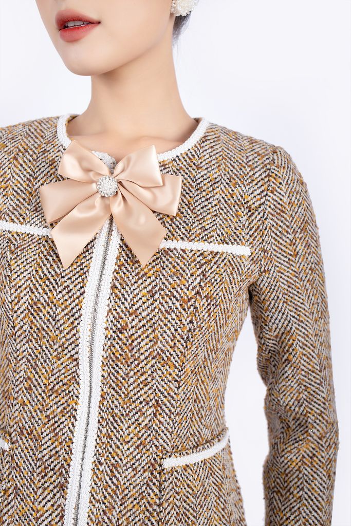 BAV92756 - Áo vest nữ công sở vải dạ dáng ôm cổ tròn thân viền dây ren tạo kiểu cài khóa kim loại - PANTIO