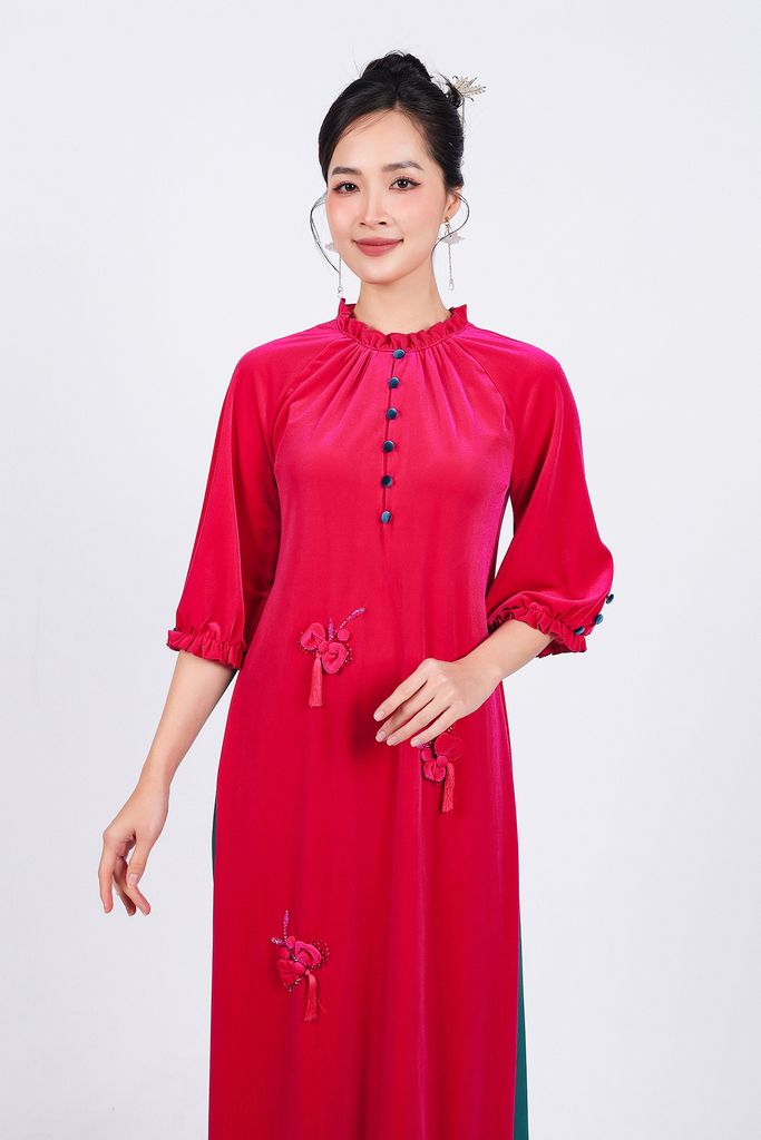 BDA50168 - Áo dài dáng suông vải nhung cổ tròn tay lửng ngực áo đính khuy bọc tạo kiểu thân áo phối tua rua thời trang - PANTIO