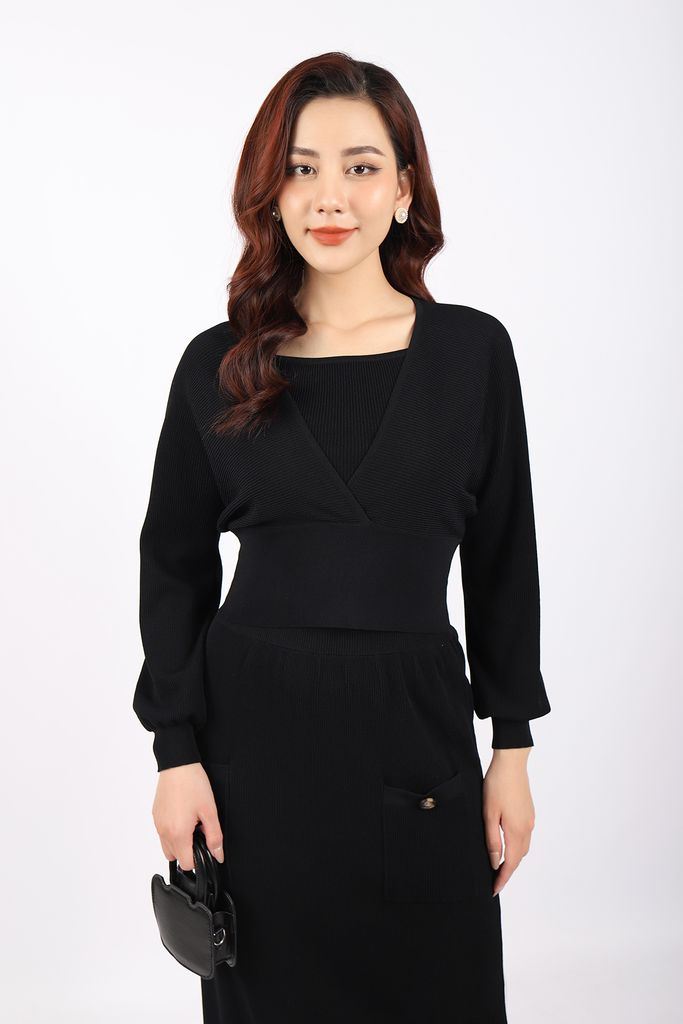 BKL376 - Áo len cao cấp dáng croptop cạp bo chun bản to cổ V vạt chéo tay dài- PANTIO