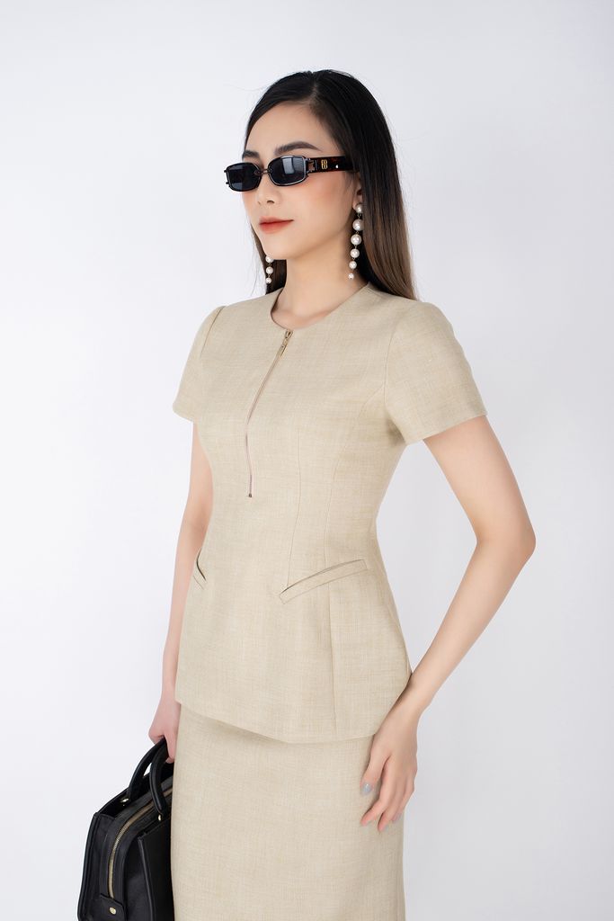 BKM12586 - Áo công sở vải thô dáng peplum khóa trang trí - PANTIO