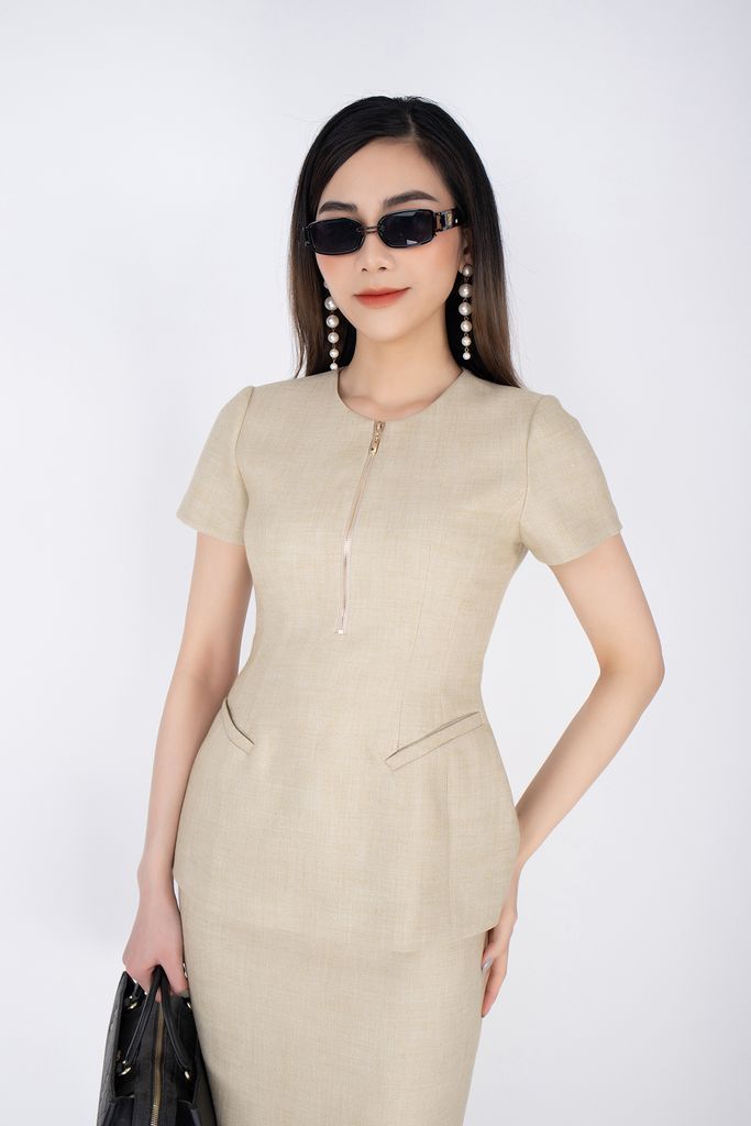 BKM12586 - Áo công sở vải thô dáng peplum khóa trang trí - PANTIO