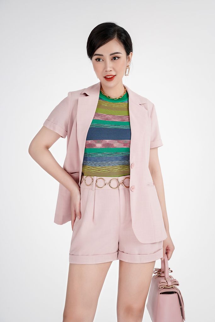 Áo khoác blazer cổ vest chất liệu thô, cộc tay BKM32423 - PANTIO