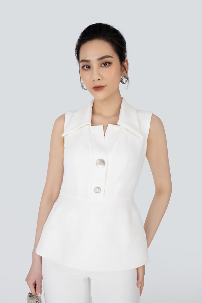 BKM32588 - Áo sơ mi công sở vải phi cát dáng peplum ve cổ bản to khuy trang trí khóa thân sau - PANTIO