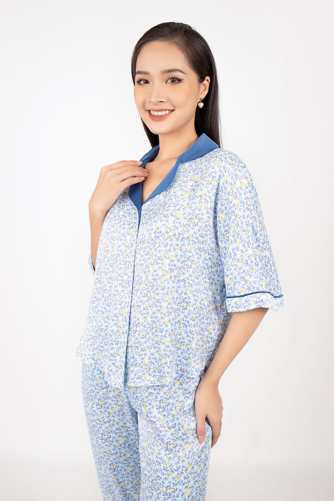 BMN7065 - Bộ đồ ngủ vải cotton lụa dáng suông áo cổ hai ve phối vải màu tay cánh rơi quần dài cạp chun - PANTIO