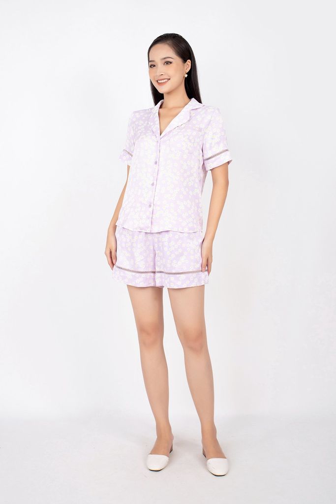 BMN7066 - Bộ đồ ngủ vải cotton lụa dáng suông áo cổ hai ve túi ngực quần short cạp chun gấu pha ren - PANTIO