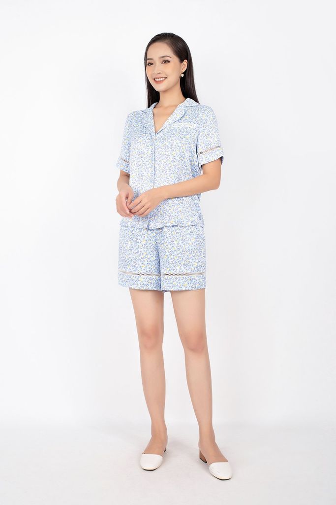 BMN7066 - Bộ đồ ngủ vải cotton lụa dáng suông áo cổ hai ve túi ngực quần short cạp chun gấu pha ren - PANTIO