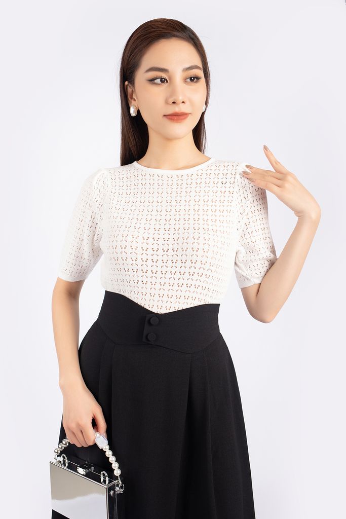 FJD3993 - Chân váy midi công sở vải thô dáng xòe cạp tạo kiểu đính cúc trang trí - PANTIO