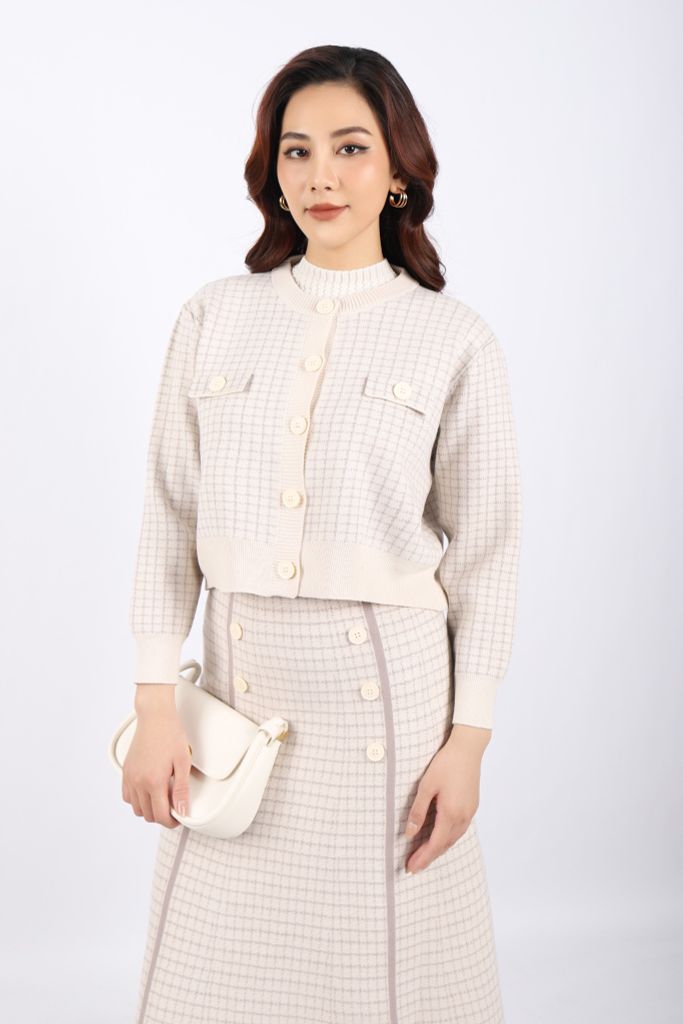 BOL386 - Áo len cardigan cao cấp dáng suông cổ tròn thân pha viền màu tạo kiểu cài cúc ngực phối nẹp túi giả trang trí - PANTIO