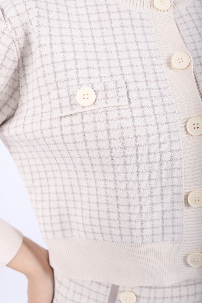BOL386 - Áo len cardigan cao cấp dáng suông cổ tròn thân pha viền màu tạo kiểu cài cúc ngực phối nẹp túi giả trang trí - PANTIO