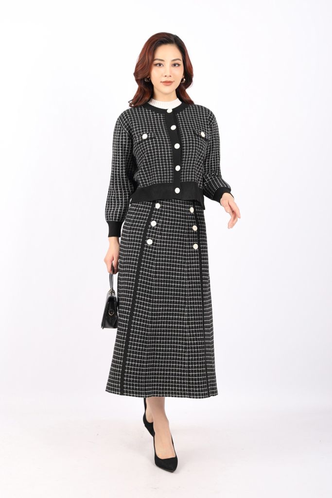 BOL386 - Áo len cardigan cao cấp dáng suông cổ tròn thân pha viền màu tạo kiểu cài cúc ngực phối nẹp túi giả trang trí - PANTIO
