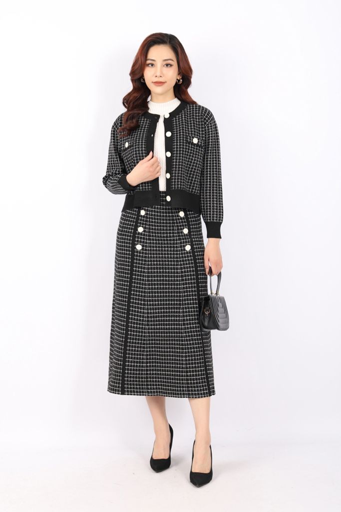 BOL386 - Áo len cardigan cao cấp dáng suông cổ tròn thân pha viền màu tạo kiểu cài cúc ngực phối nẹp túi giả trang trí - PANTIO