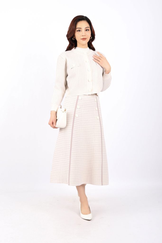 BOL386 - Áo len cardigan cao cấp dáng suông cổ tròn thân pha viền màu tạo kiểu cài cúc ngực phối nẹp túi giả trang trí - PANTIO