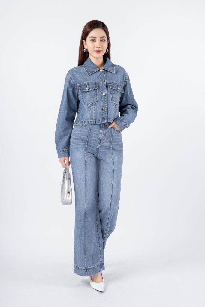 BVO169 - Áo khoác jean vải denim dáng croptop cổ đức phối túi ngực trang trí - PANTIO