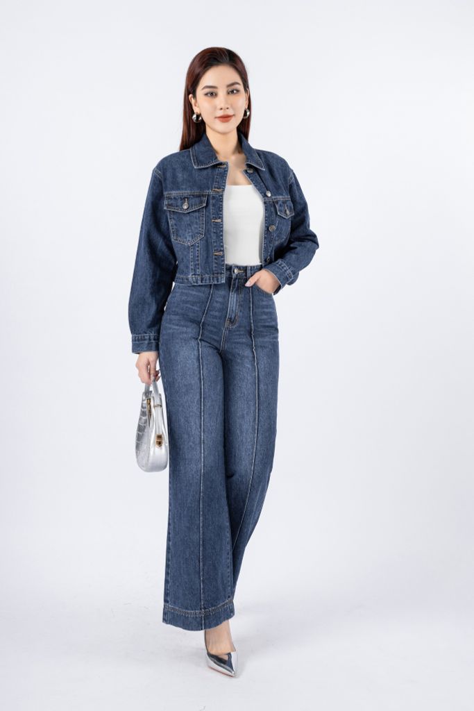 BVO169 - Áo khoác jean vải denim dáng croptop cổ đức phối túi ngực trang trí - PANTIO