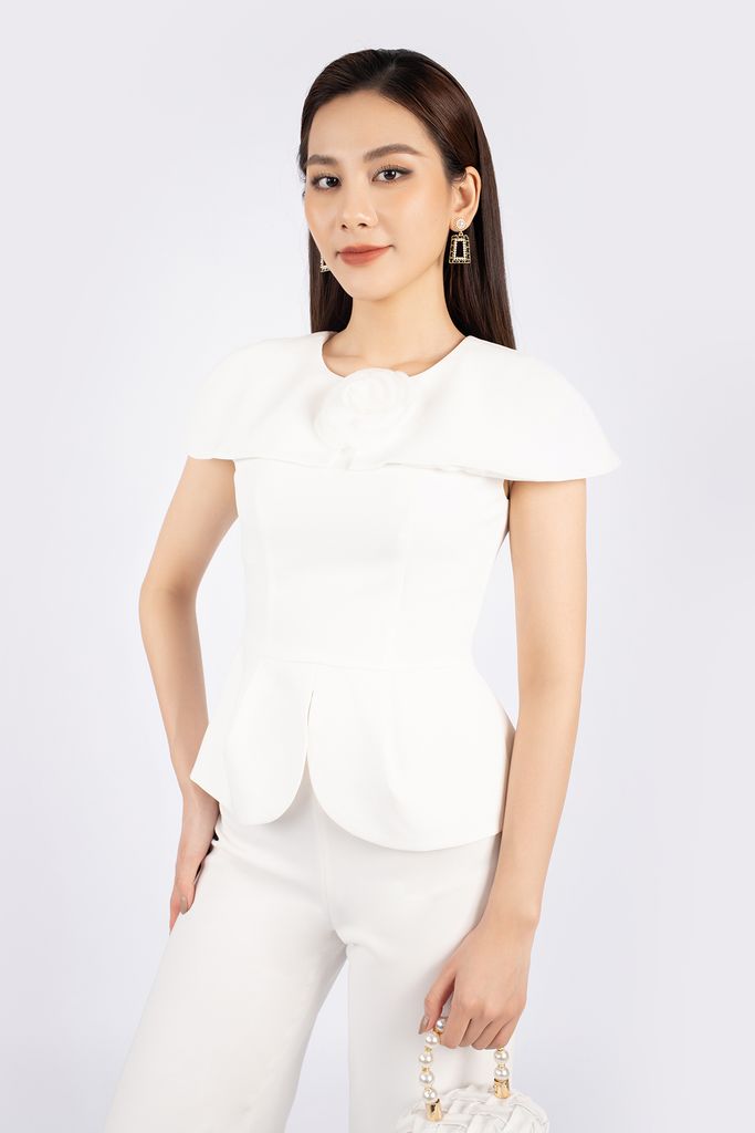 FAD7501 - Áo kiểu công sở vải thô dáng peplum vạt tròn cổ tạo kiểu vai chờm kèm hoa cài trang trí - PANTIO