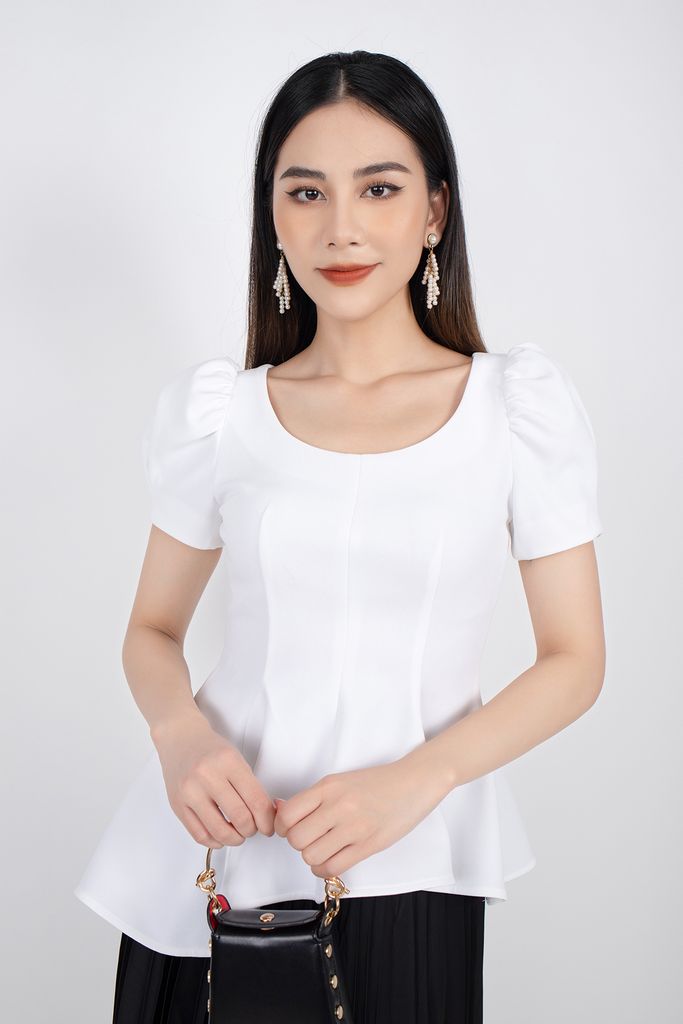 FAK31187 - Áo kiểu công sở vải thun dáng peplum tay bồng vạt áo đổ bèo bất đối xưng - PANTIO