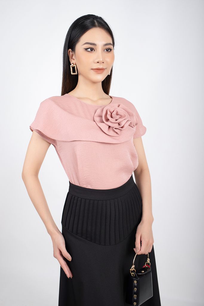 FAK31218 - Áo kiểu công sở vải chiffon dáng suông tay liền vai chờm tạo hoa 3D - PANTIO