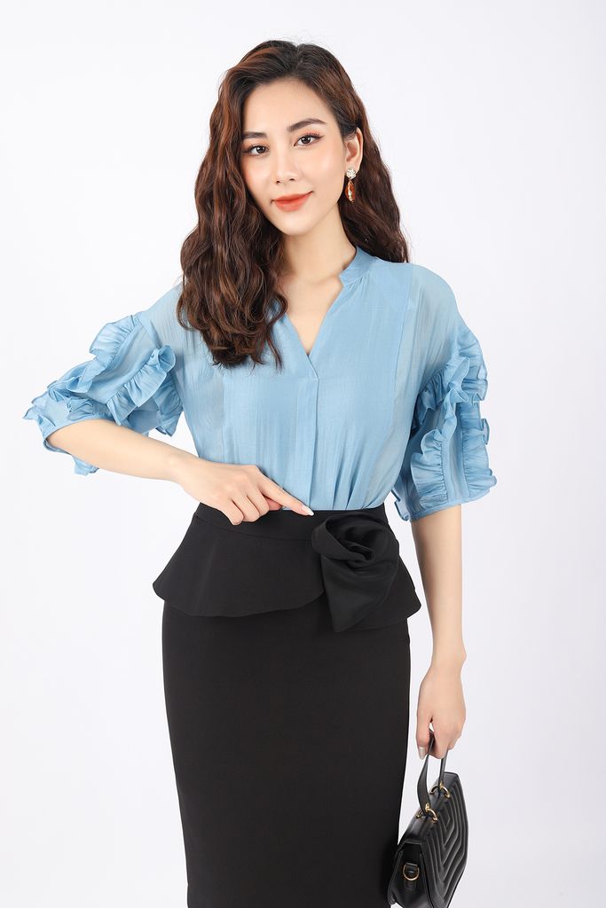 FJD3988 - Chân váy công sở vải thô dáng bút chì cạp peplum tạo xoắn hoa 3D khóa thân sau - PANTIO