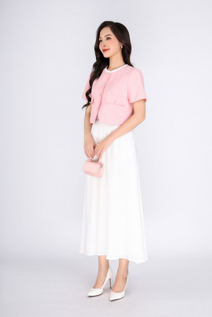 FAK31354 - Áo kiểu công sở vải thô dáng croptop cổ tròn pha vải khác màu thân phối nắp túi đính khuy trang trí - PANTIO