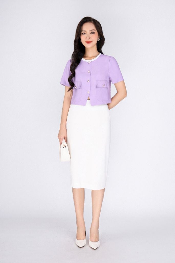 FAK31354 - Áo kiểu công sở vải thô dáng croptop cổ tròn pha vải khác màu thân phối nắp túi đính khuy trang trí - PANTIO