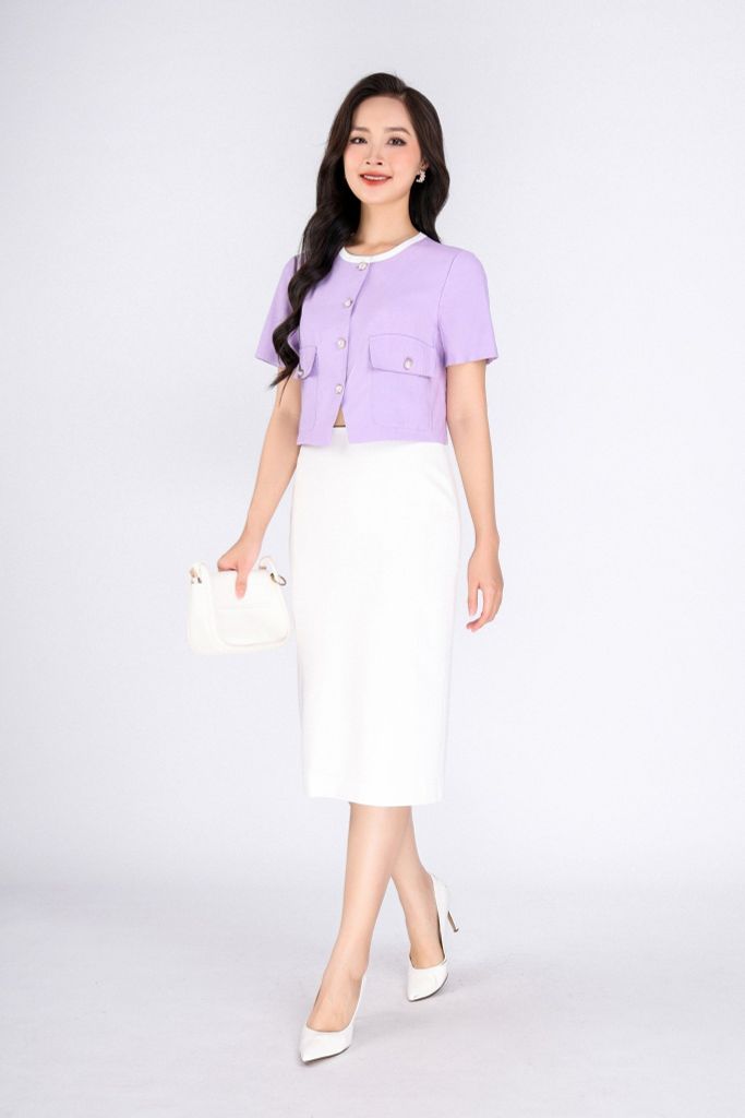 FAK31354 - Áo kiểu công sở vải thô dáng croptop cổ tròn pha vải khác màu thân phối nắp túi đính khuy trang trí - PANTIO