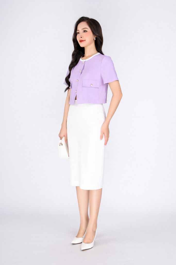 FAK31354 - Áo kiểu công sở vải thô dáng croptop cổ tròn pha vải khác màu thân phối nắp túi đính khuy trang trí - PANTIO