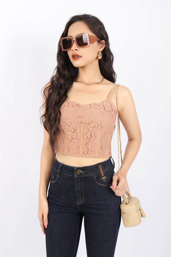 FAK51323 - Áo hai dây dạo phố vải ren dáng croptop có đệm ngực thân sau phối chun khóa bên hông - PANTIO