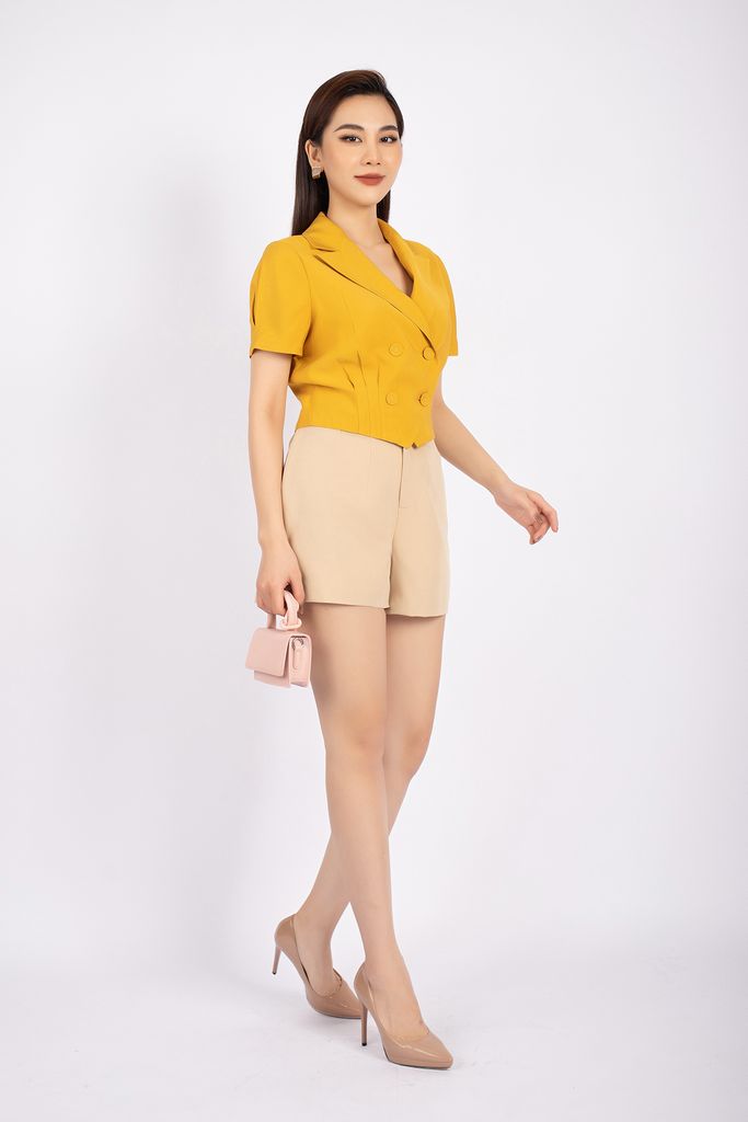 FAK71229 - Áo kiểu công sở vải thô dáng croptop cổ hai ve eo xếp ly cài cúc bọc - PANTIO