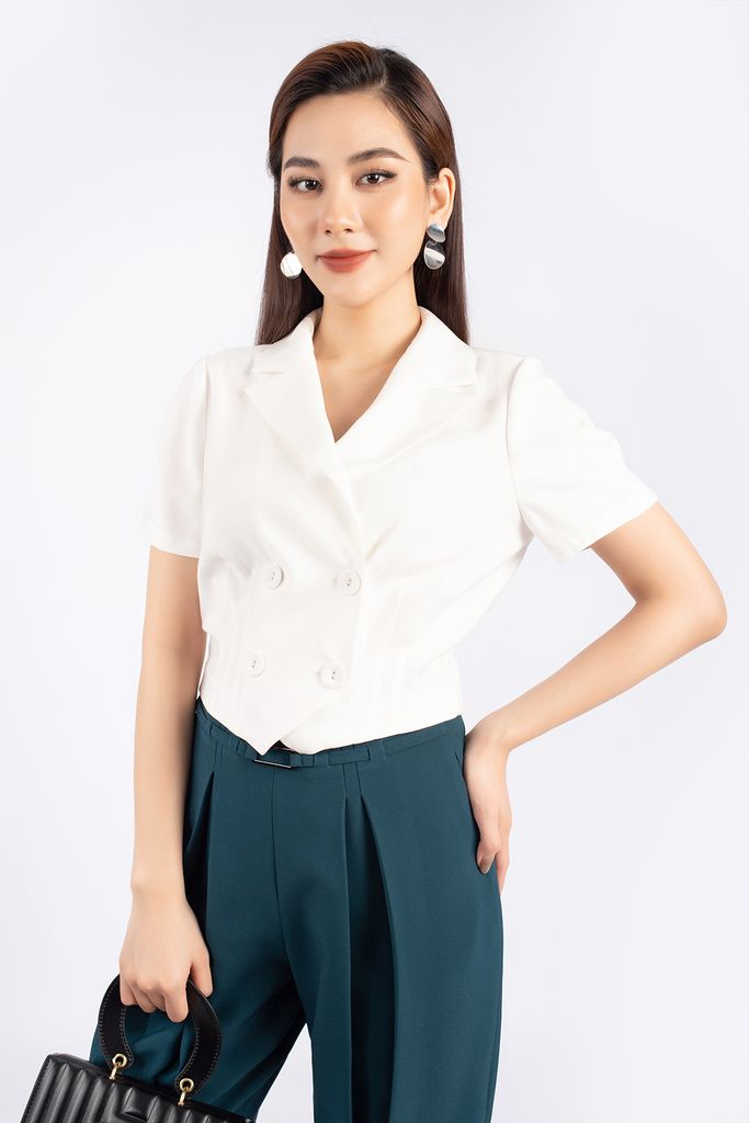 FAK71229 - Áo kiểu công sở vải thô dáng croptop cổ hai ve eo xếp ly cài cúc bọc - PANTIO