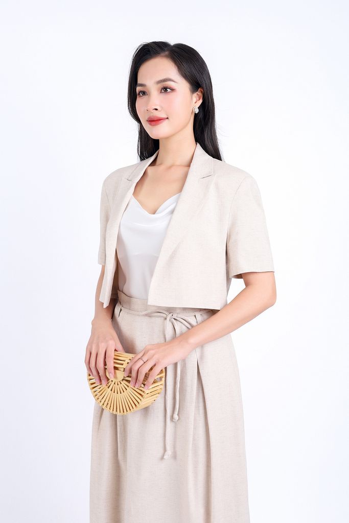FJD51242 - Chân váy công sở vải Linen hai lớp lót habutai dáng suông dài cạp phối dây thắt eo tạo kiểu thân váy xếp ly bung nhẹ khoá thân sau - PANTIO