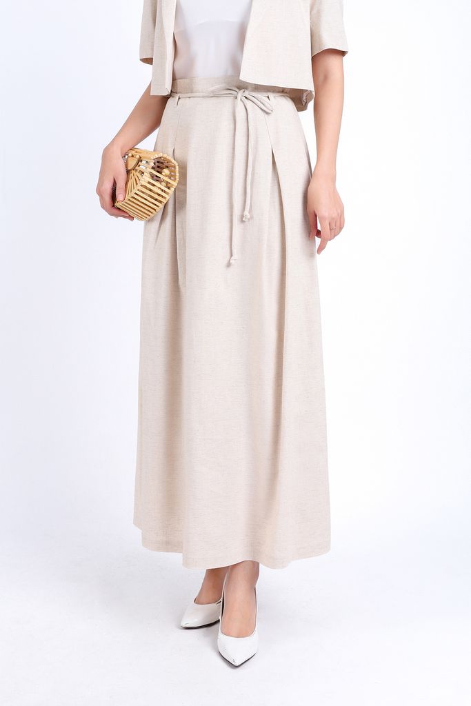 FJD51242 - Chân váy công sở vải Linen hai lớp lót habutai dáng suông dài cạp phối dây thắt eo tạo kiểu thân váy xếp ly bung nhẹ khoá thân sau - PANTIO
